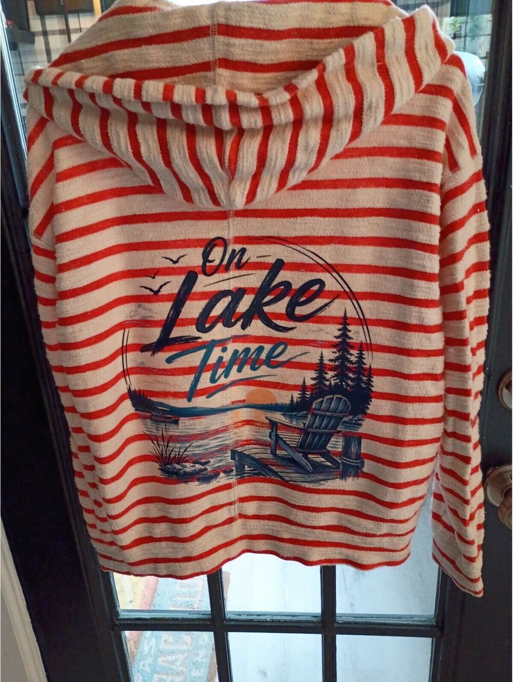 Gap Medium Women's Striped Zip-Up Hoodie with 'On Lake Time' Back Design